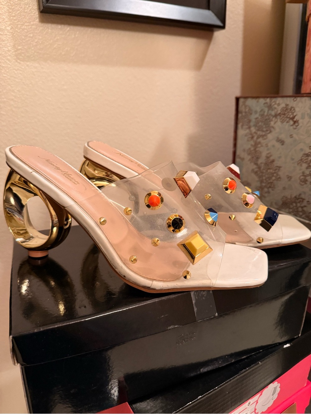 Clear Jewel-Embellished Slip-On Heels in Nude and Gold with designer round heels